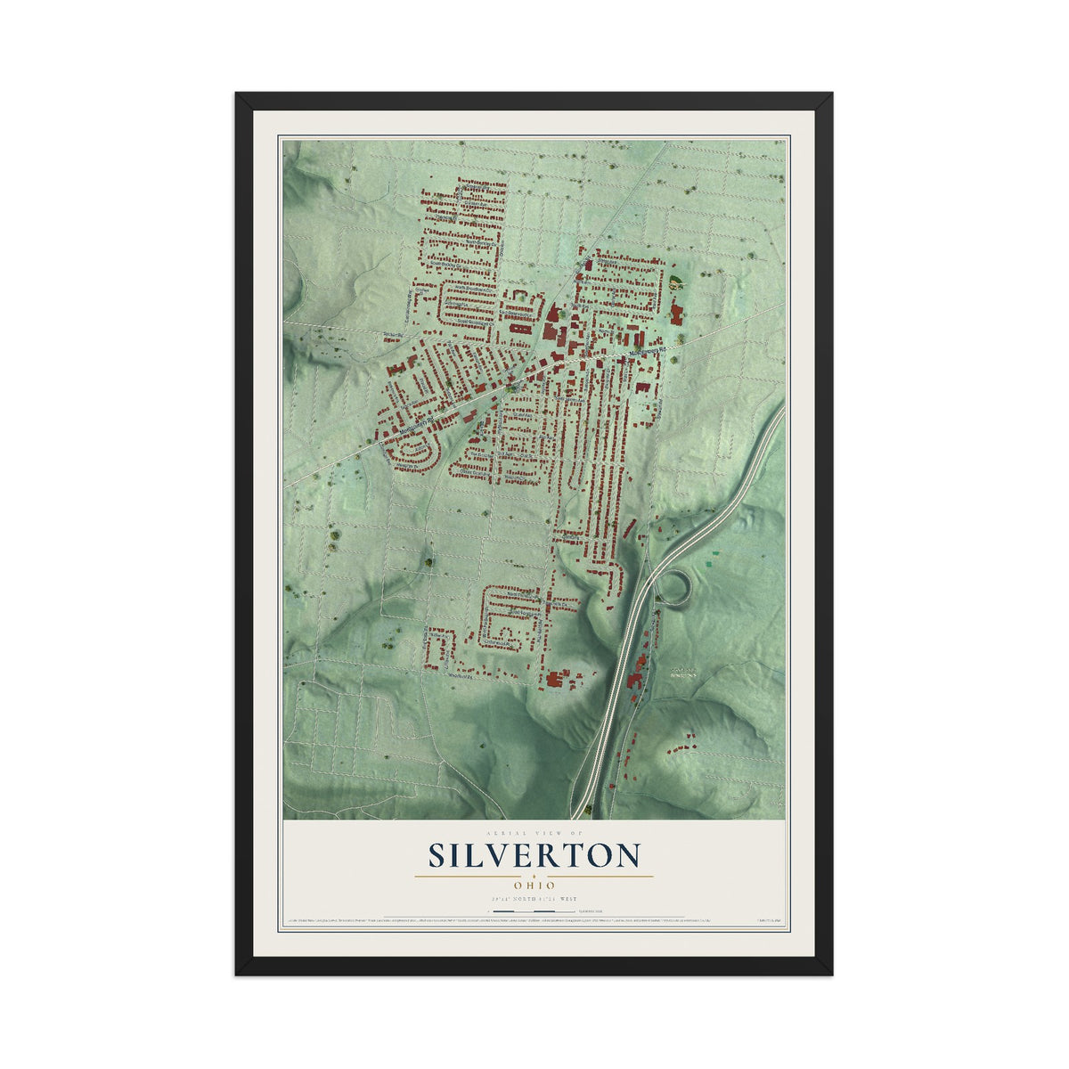 Map of Silverton, Ohio, 12 x 18 inch print in a black wood frame