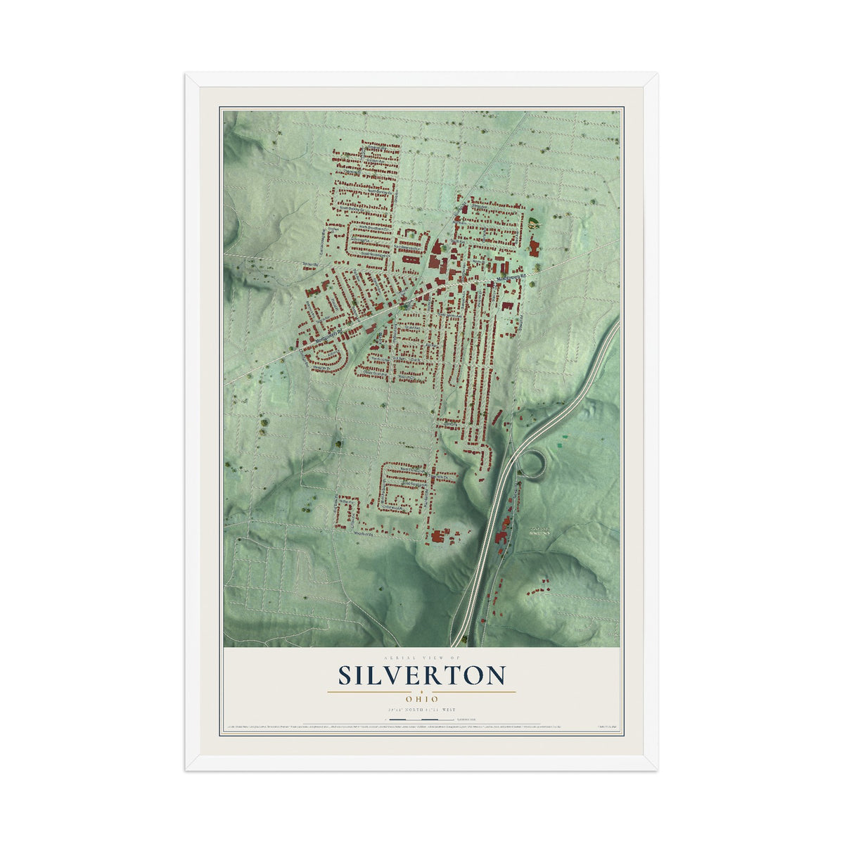 Map of Silverton, Ohio, 12 x 18 inch print in a white wood frame