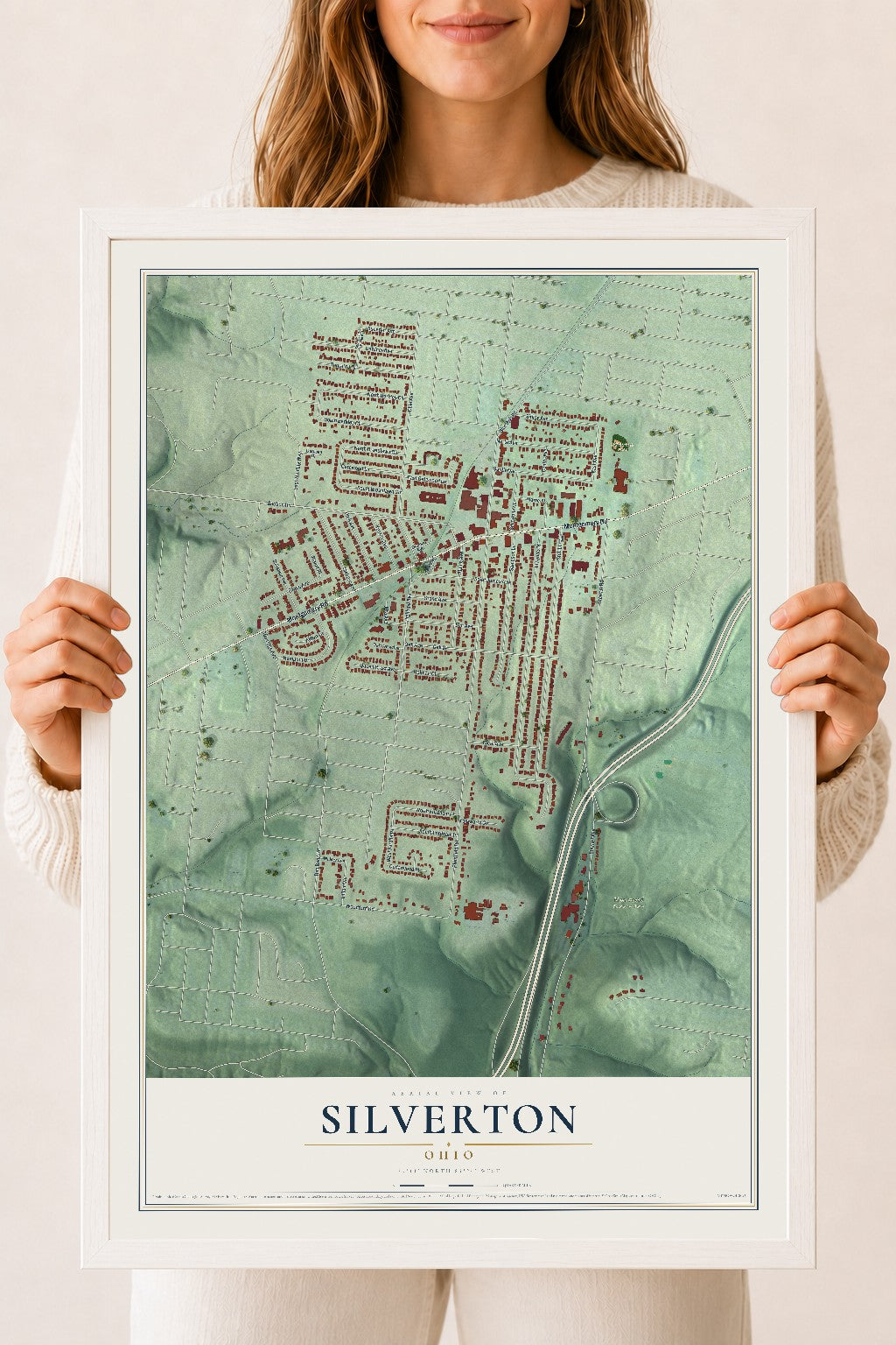Map of Silverton, Ohio, 18 x 24 inch print in a white wood frame