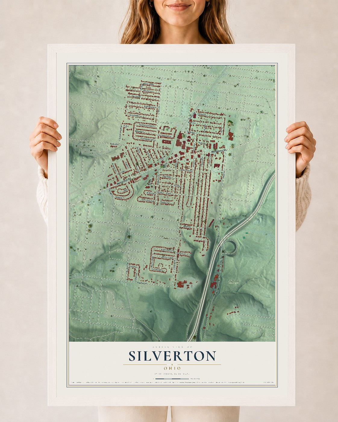 Map of Silverton, Ohio, 24 x 36 inch print in a white wood frame