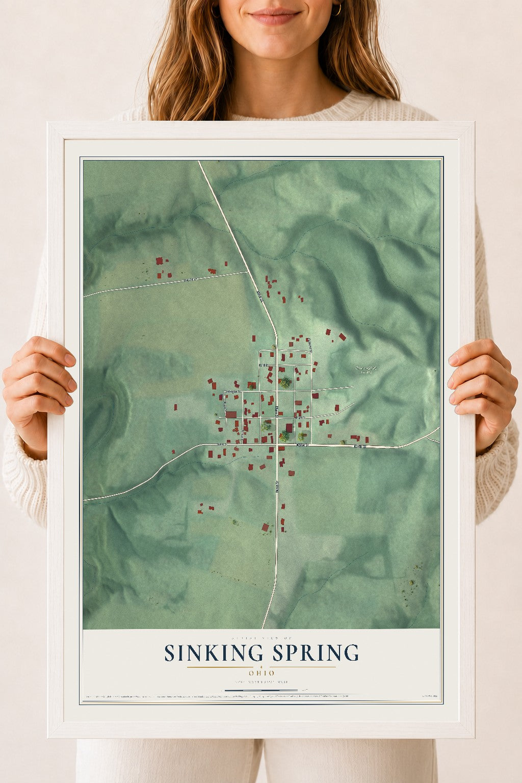 Map of Sinking Spring, Ohio, 18 x 24 inch print in a white wood frame