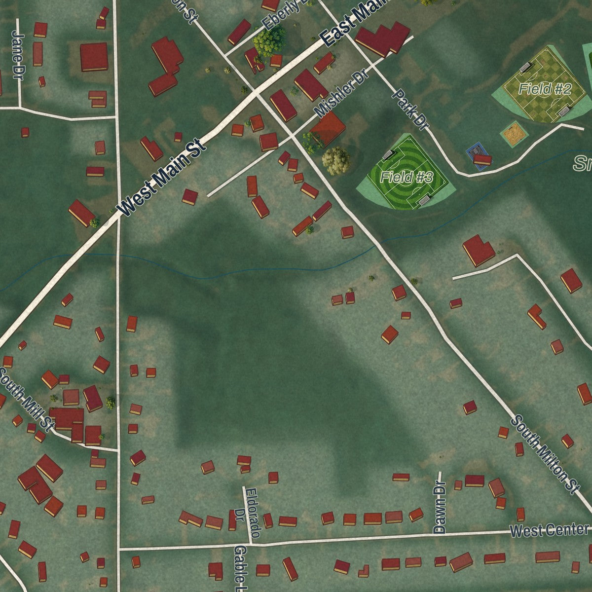 Close-up of the map of Smithville, Ohio print showing street and building detail