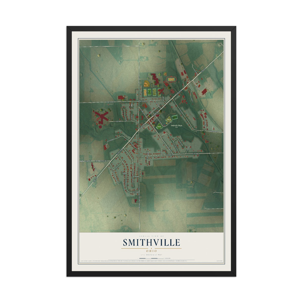Map of Smithville, Ohio, 12 x 18 inch print in a black wood frame