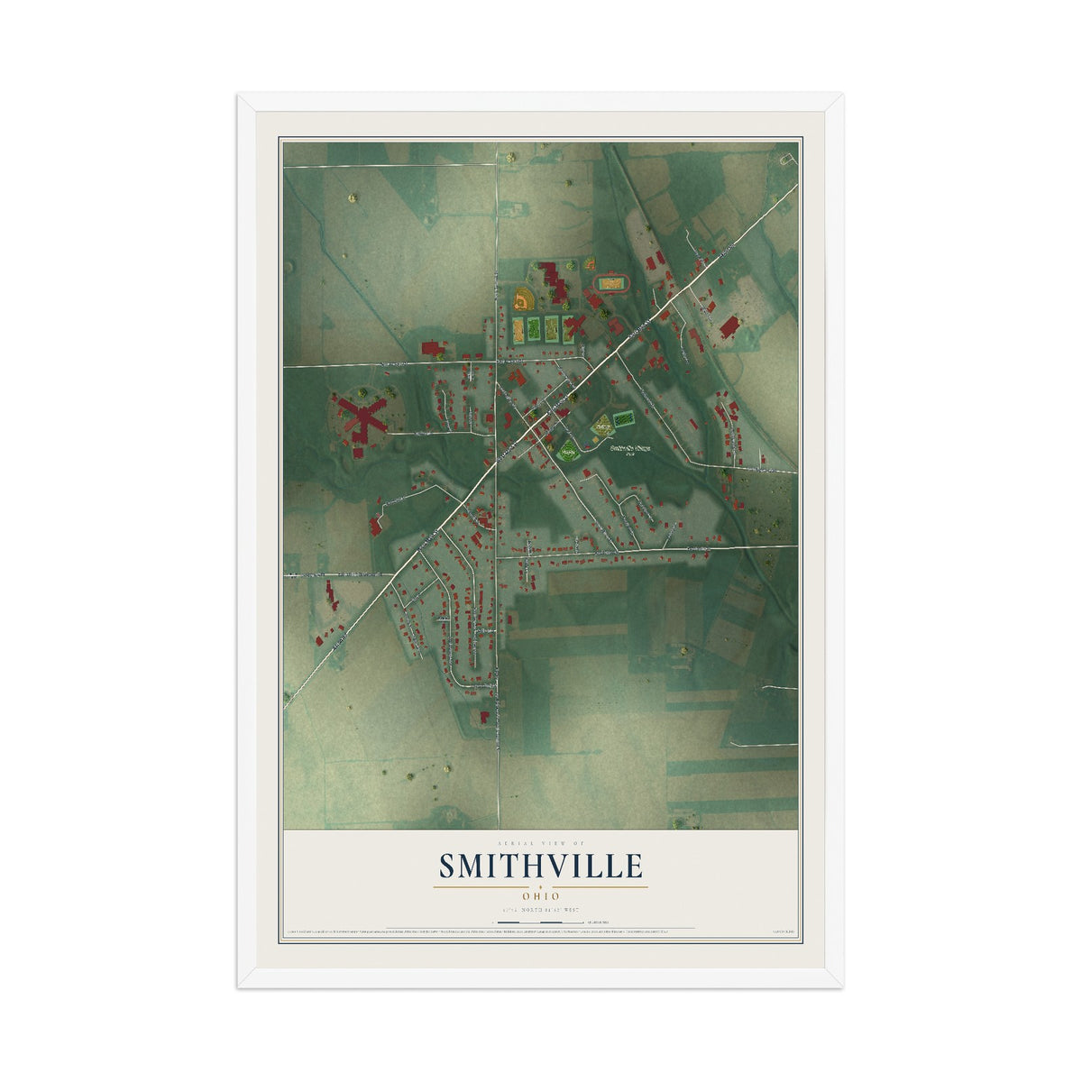 Map of Smithville, Ohio, 12 x 18 inch print in a white wood frame