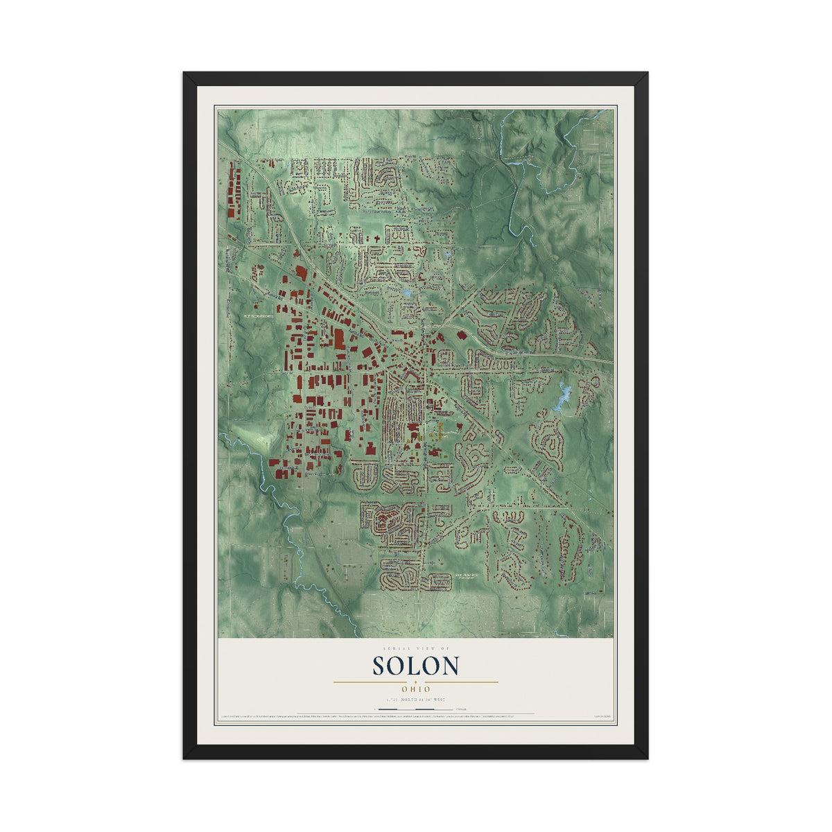 Map of Solon, Ohio, 12 x 18 inch print in a black wood frame