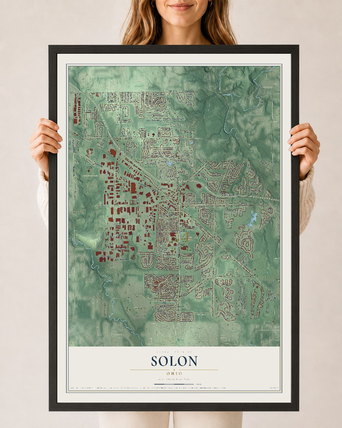 Map of Solon, Ohio, 24 x 36 inch print in a black wood frame