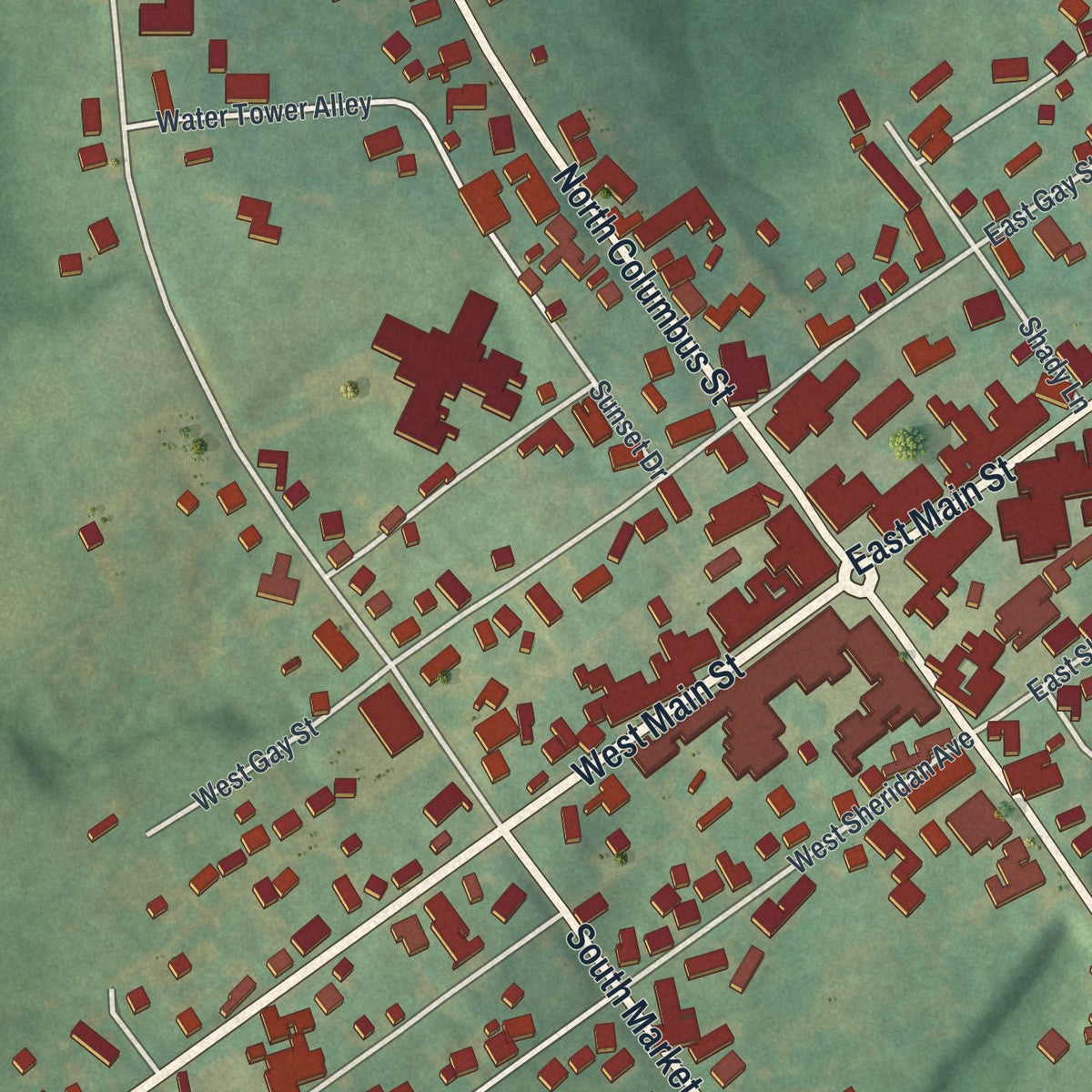 Close-up of the map of Somerset, Ohio print showing street and building detail