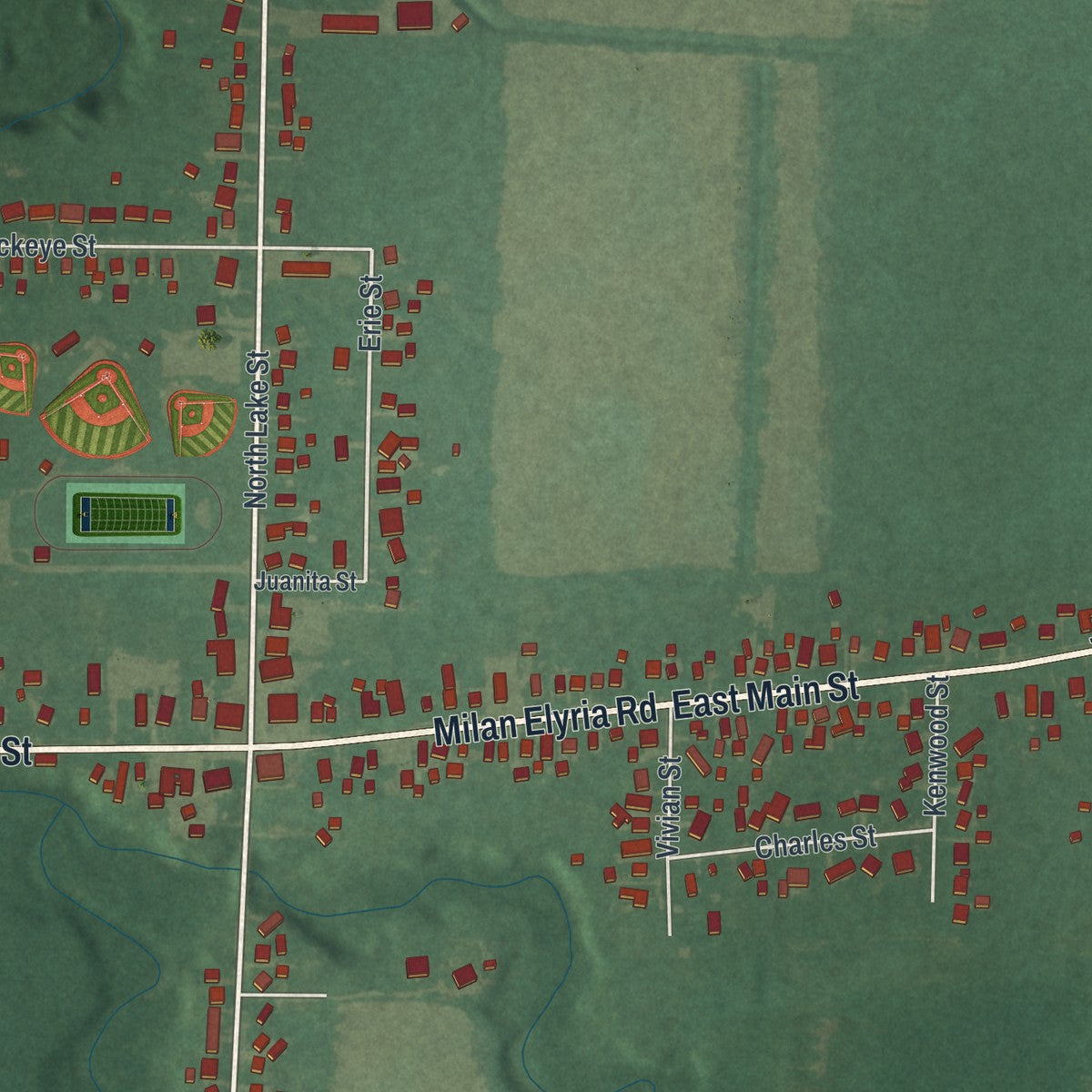 Close-up of the map of South Amherst, Ohio print showing street and building detail