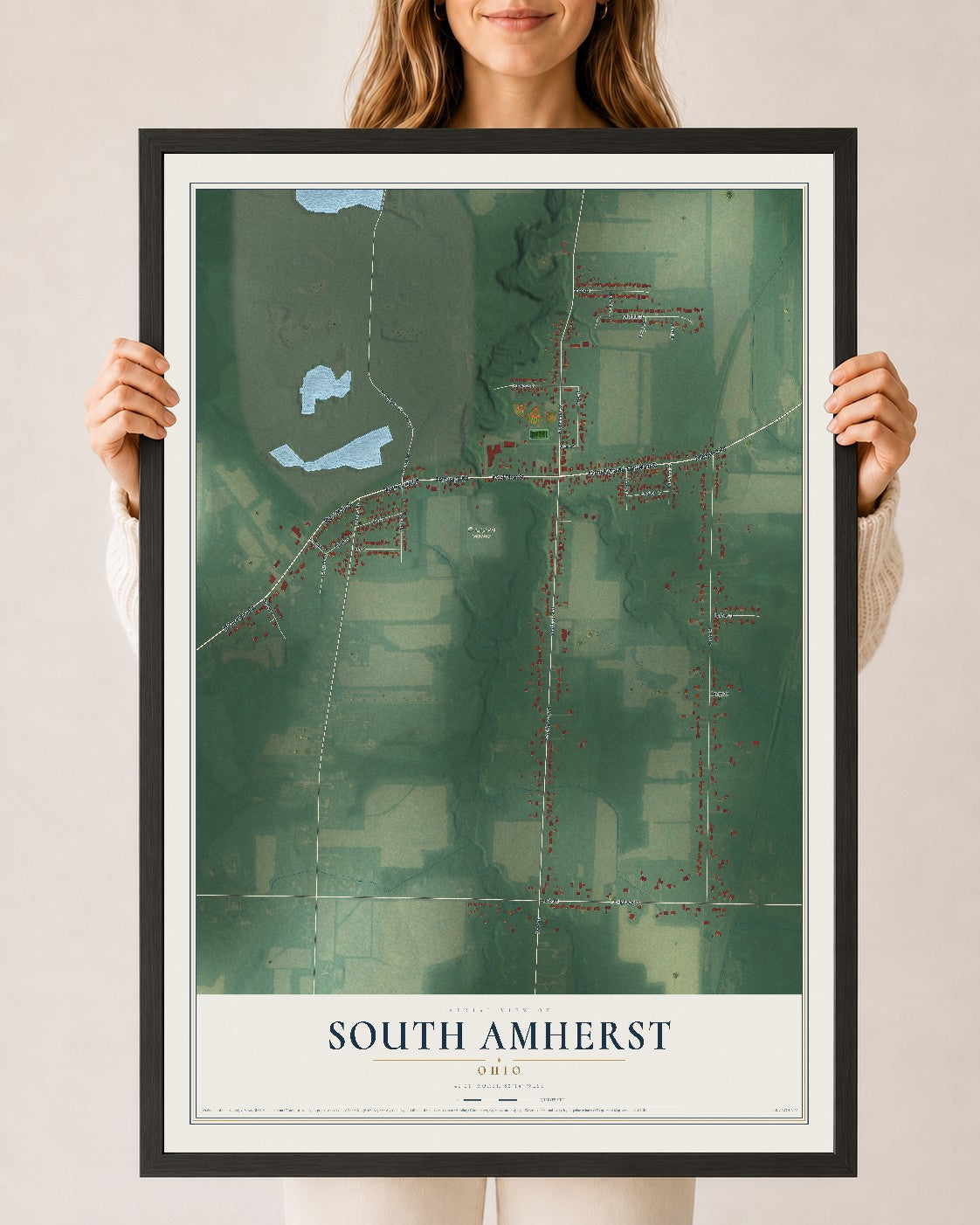Map of South Amherst, Ohio, 24 x 36 inch print in a black wood frame