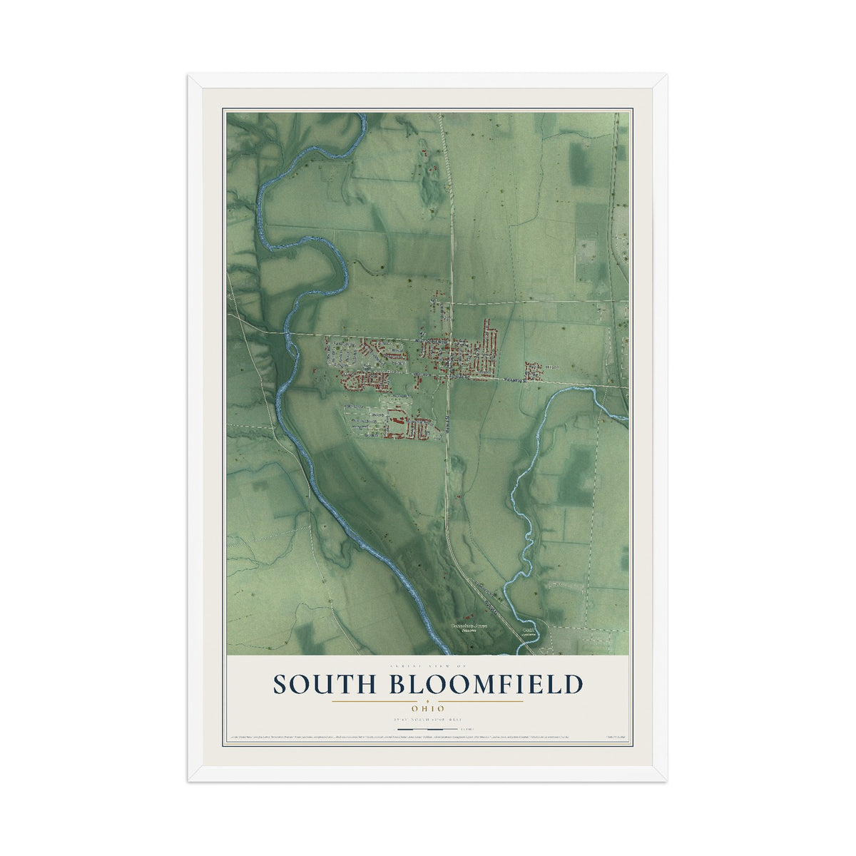 Map of South Bloomfield, Ohio, 12 x 18 inch print in a white wood frame