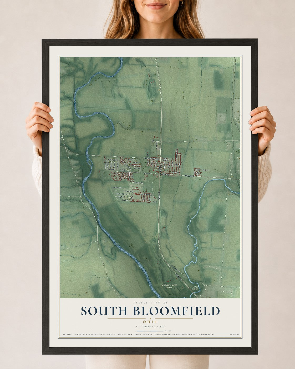 Map of South Bloomfield, Ohio, 24 x 36 inch print in a black wood frame