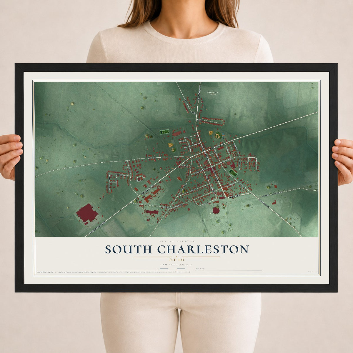 Map of South Charleston, Ohio, 18 x 24 inch print in a black wood frame