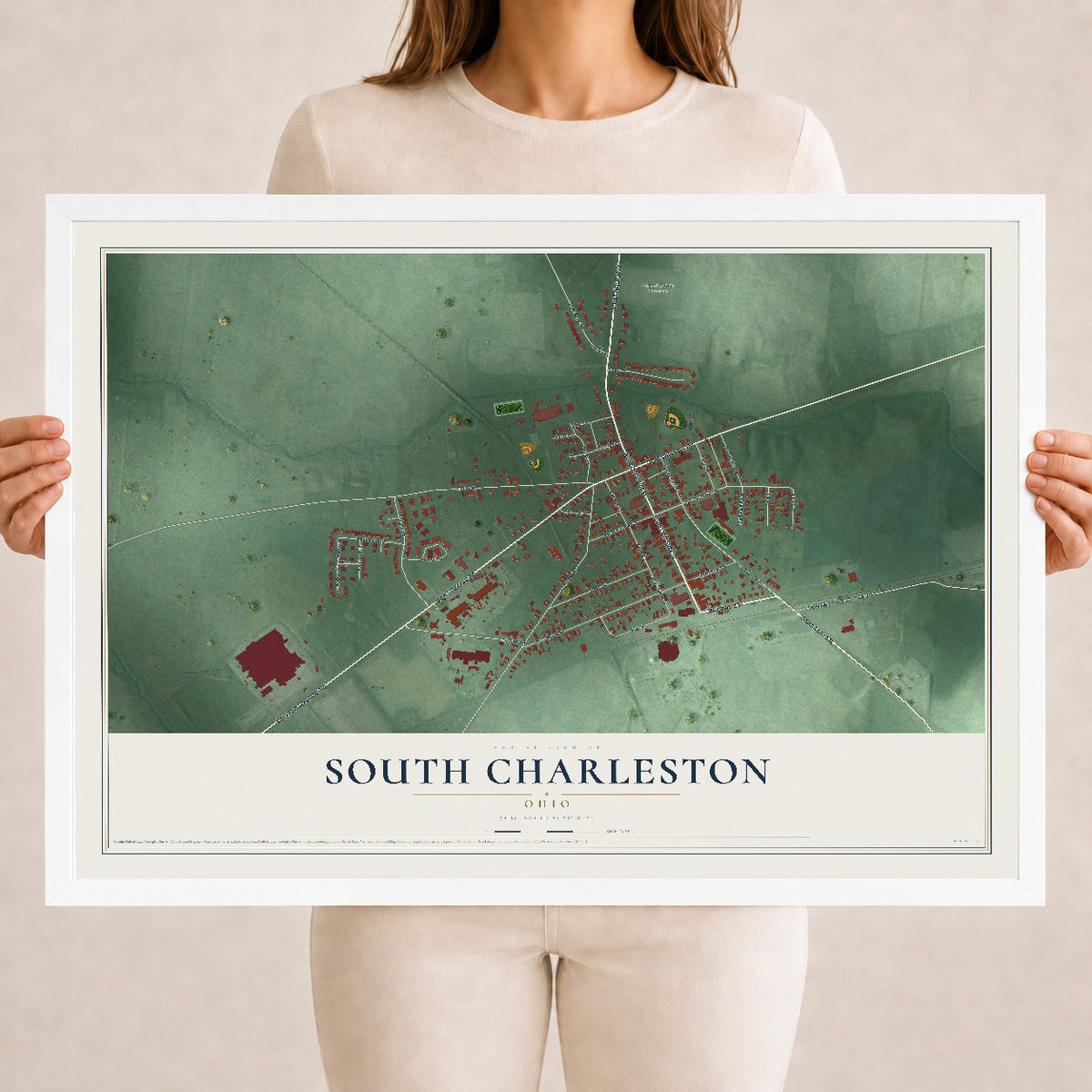 Map of South Charleston, Ohio, 18 x 24 inch print in a white wood frame