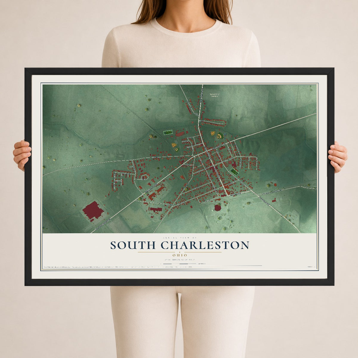 Map of South Charleston, Ohio, 24 x 36 inch print in a black wood frame