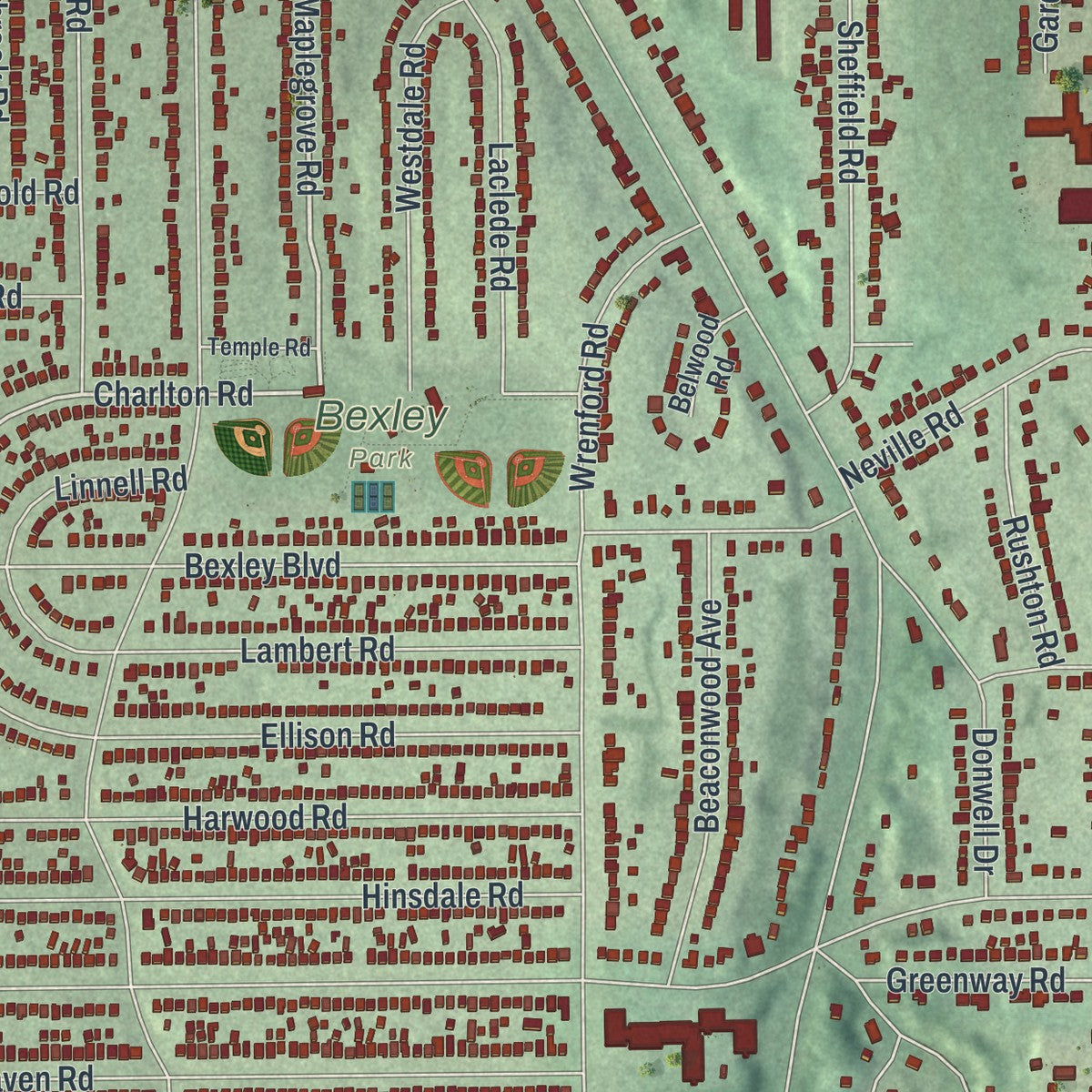 Close-up of the map of South Euclid, Ohio print showing street and building detail