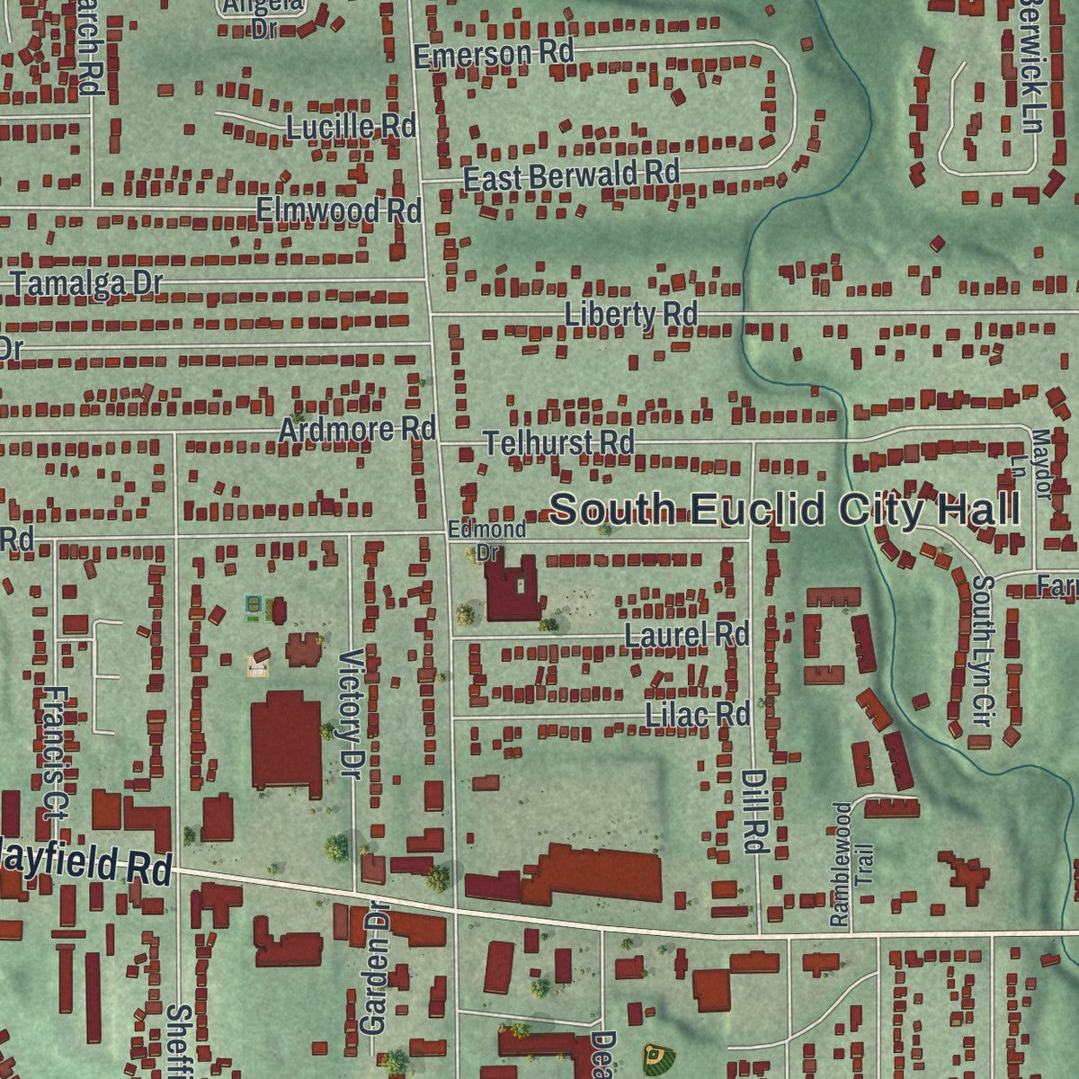 Second close-up of the map of South Euclid, Ohio print showing more streets and buildings