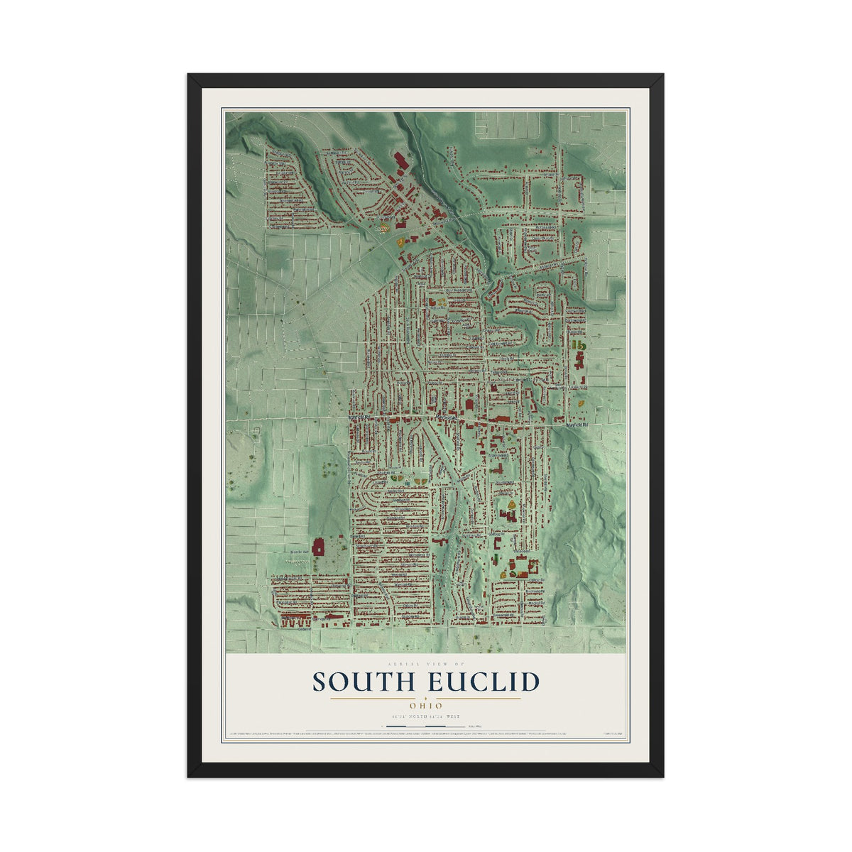 Map of South Euclid, Ohio, 12 x 18 inch print in a black wood frame