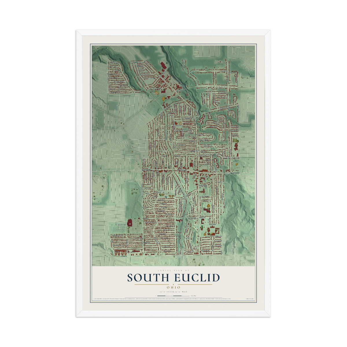 Map of South Euclid, Ohio, 12 x 18 inch print in a white wood frame