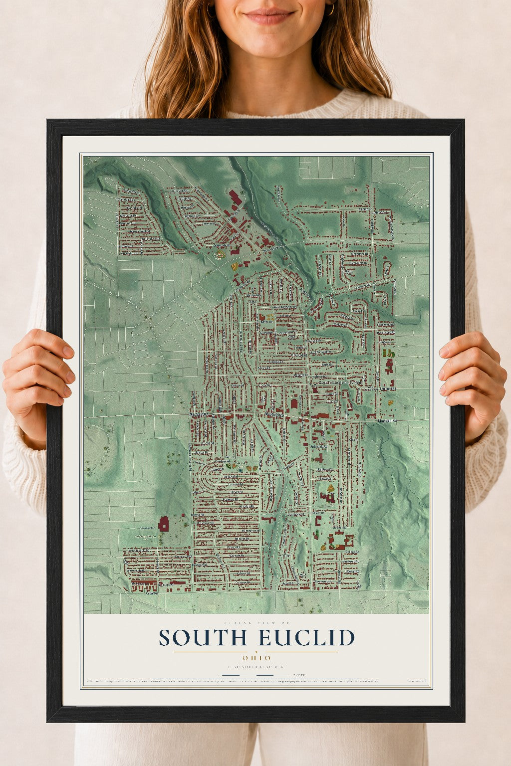 Map of South Euclid, Ohio, 18 x 24 inch print in a black wood frame