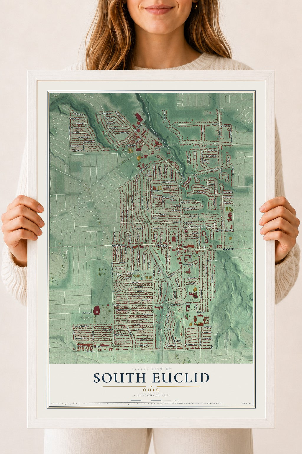 Map of South Euclid, Ohio, 18 x 24 inch print in a white wood frame