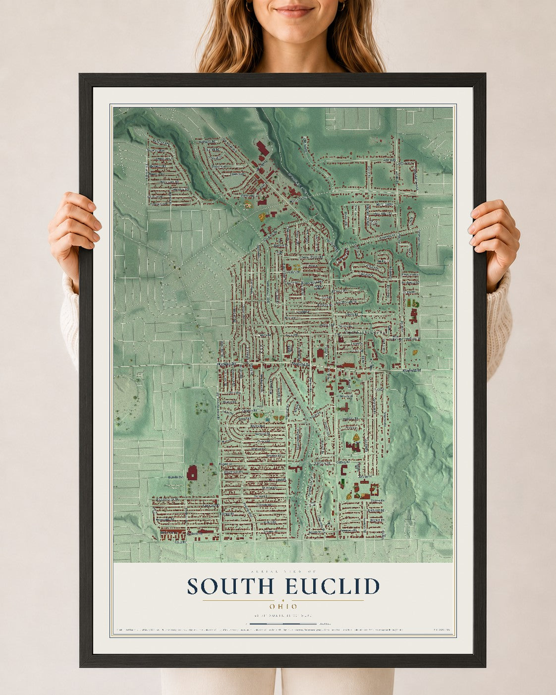 Map of South Euclid, Ohio, 24 x 36 inch print in a black wood frame