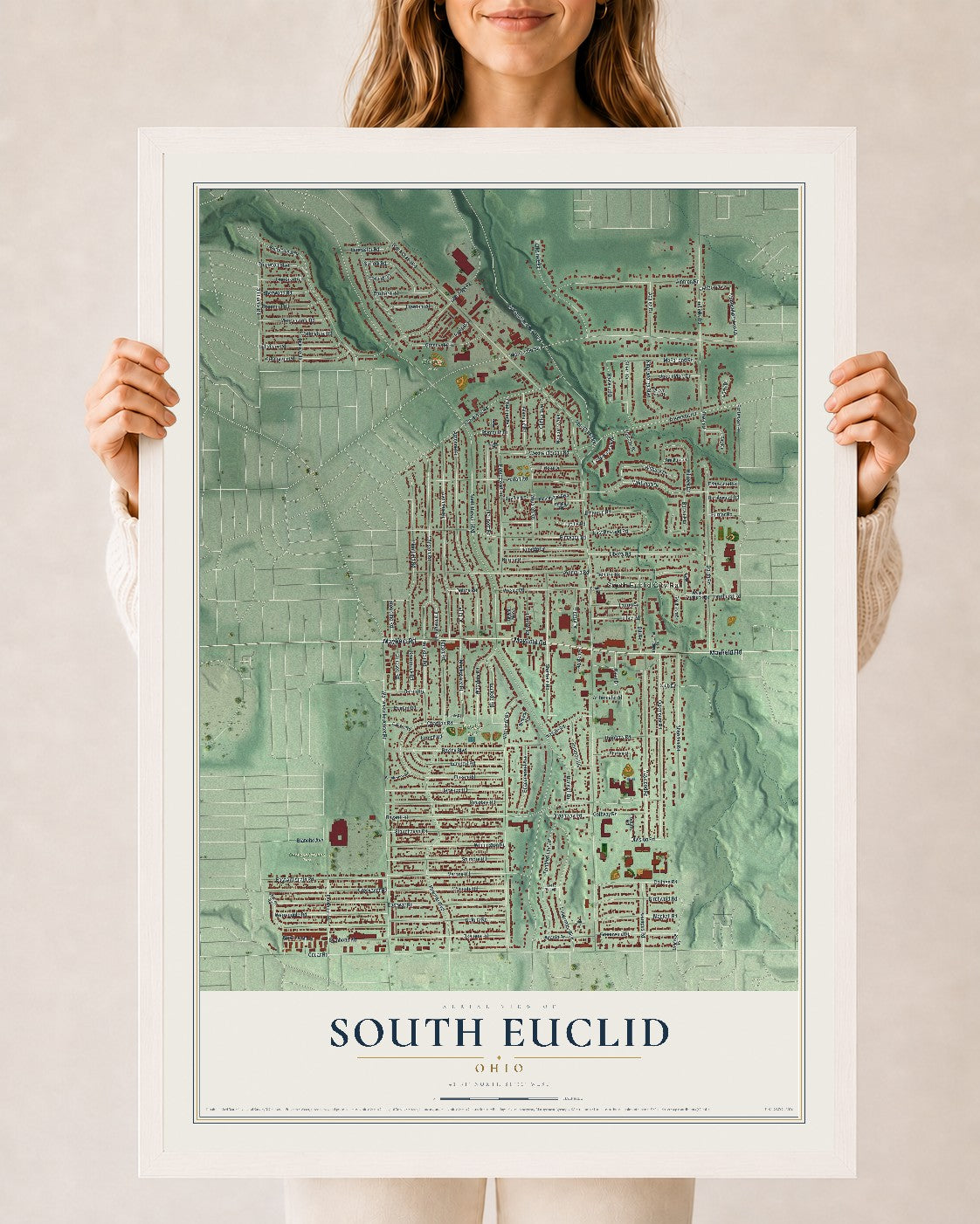 Map of South Euclid, Ohio, 24 x 36 inch print in a white wood frame