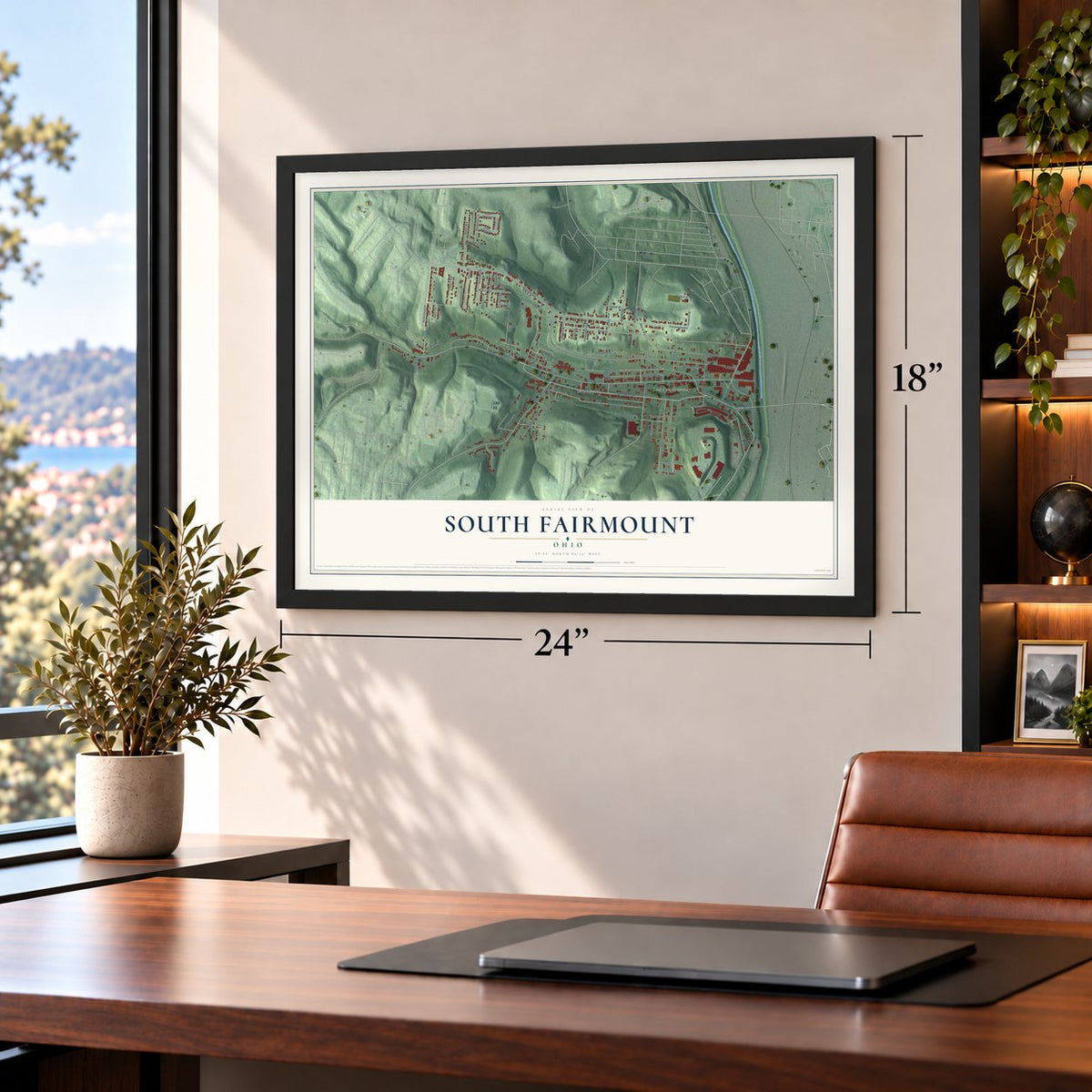 South Fairmount, Ohio map, 18 x 24 inch print in a black frame in a home office