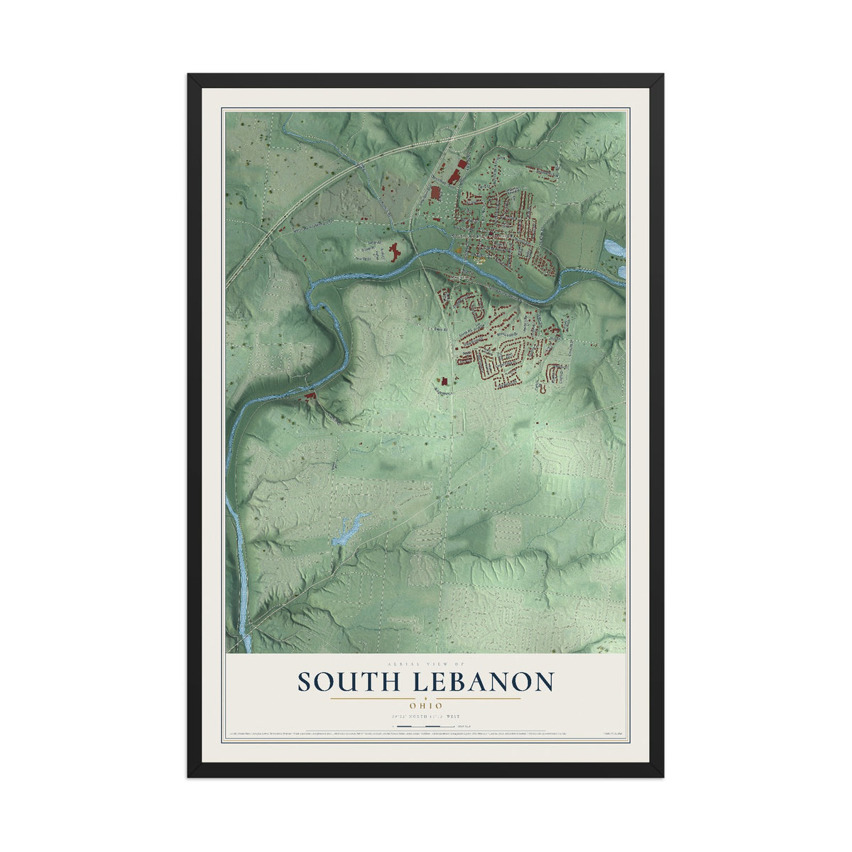 Map of South Lebanon, Ohio, 12 x 18 inch print in a black wood frame