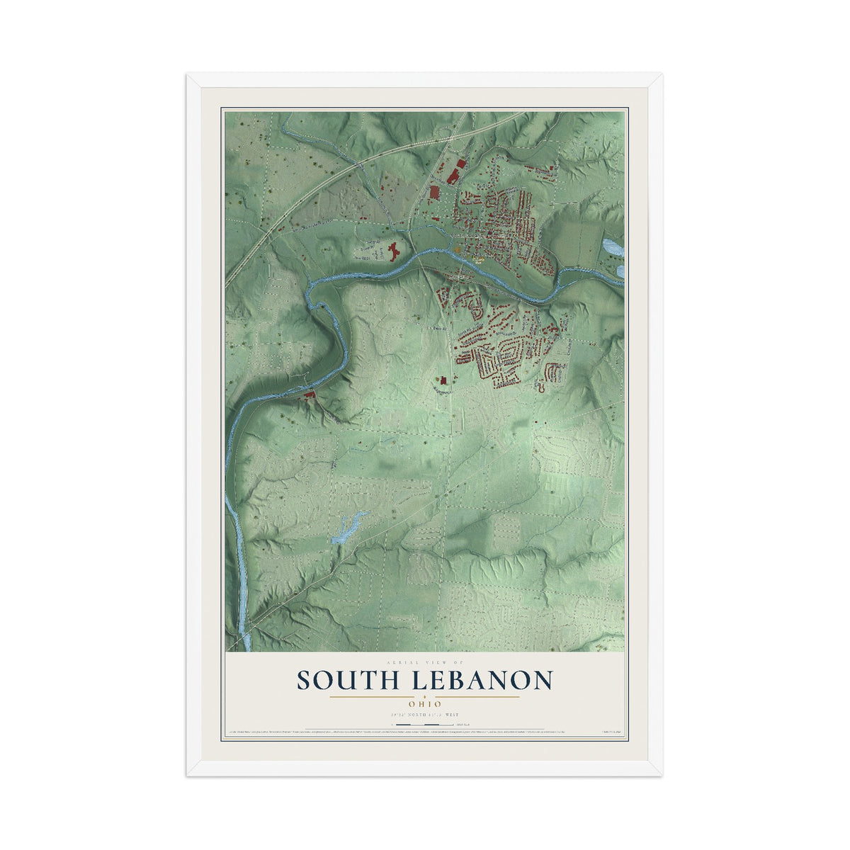 Map of South Lebanon, Ohio, 12 x 18 inch print in a white wood frame