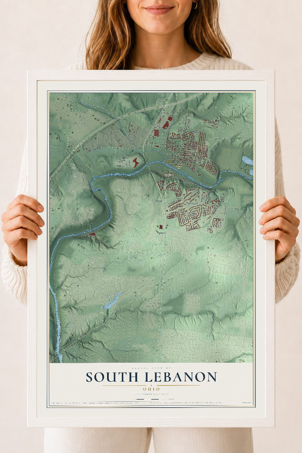 Map of South Lebanon, Ohio, 18 x 24 inch print in a white wood frame