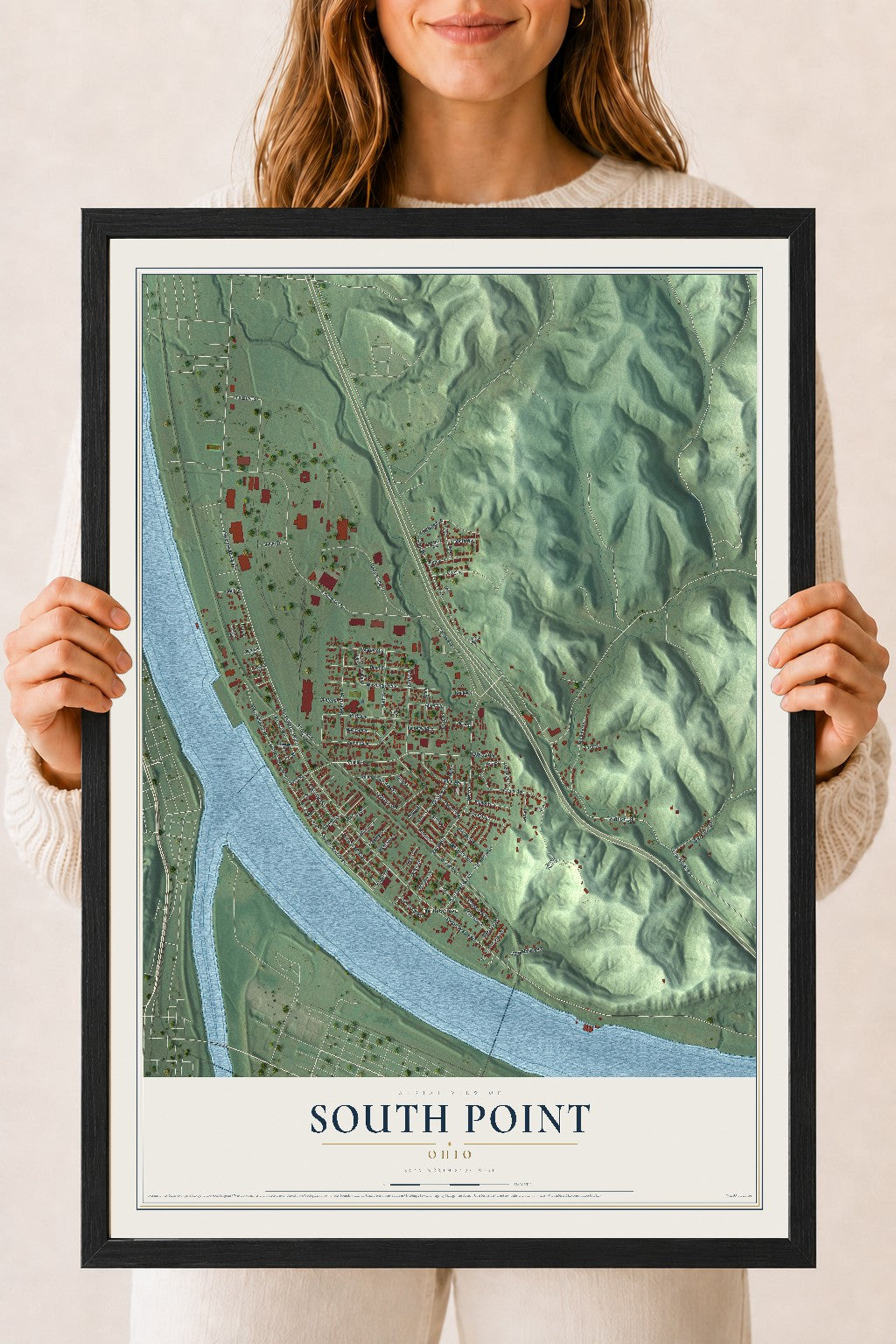 Map of South Point, Ohio, 18 x 24 inch print in a black wood frame