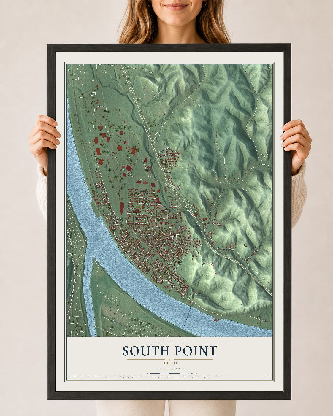 Map of South Point, Ohio, 24 x 36 inch print in a black wood frame
