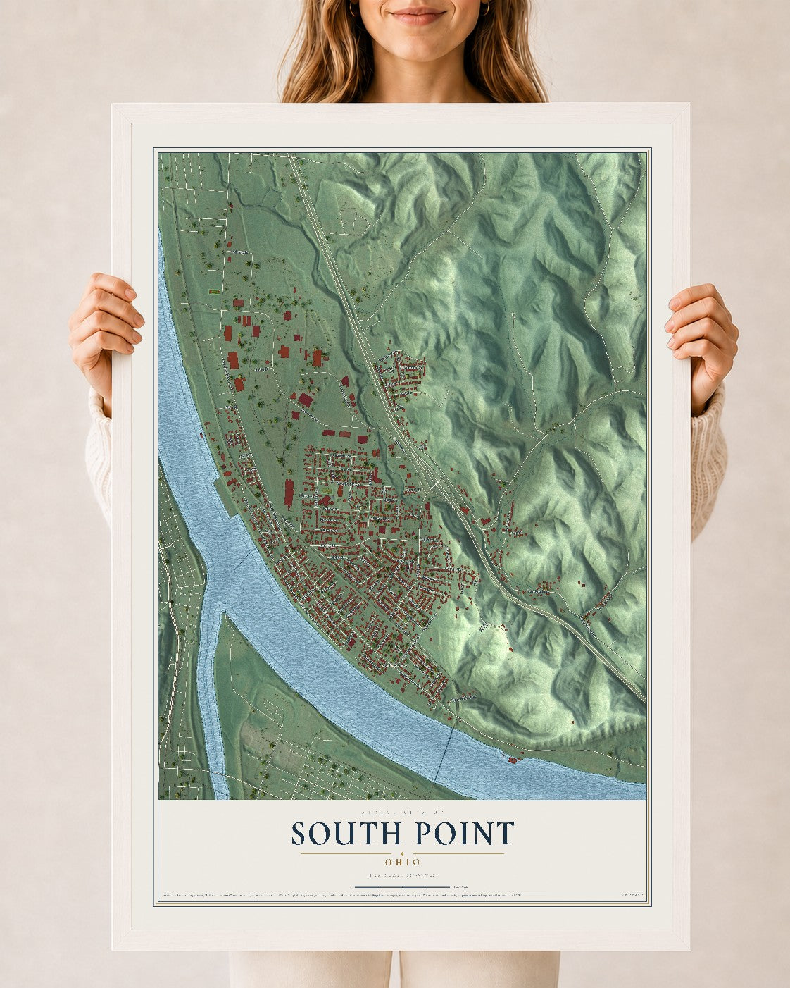 Map of South Point, Ohio, 24 x 36 inch print in a white wood frame