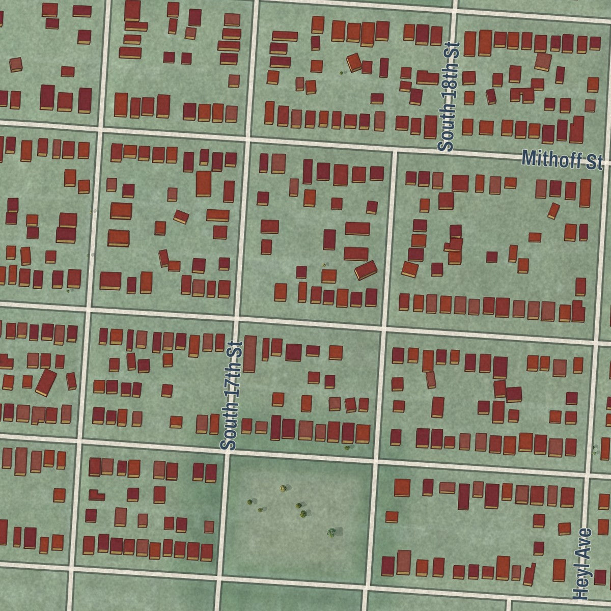 Close-up of the map of South Side, Ohio print showing street and building detail