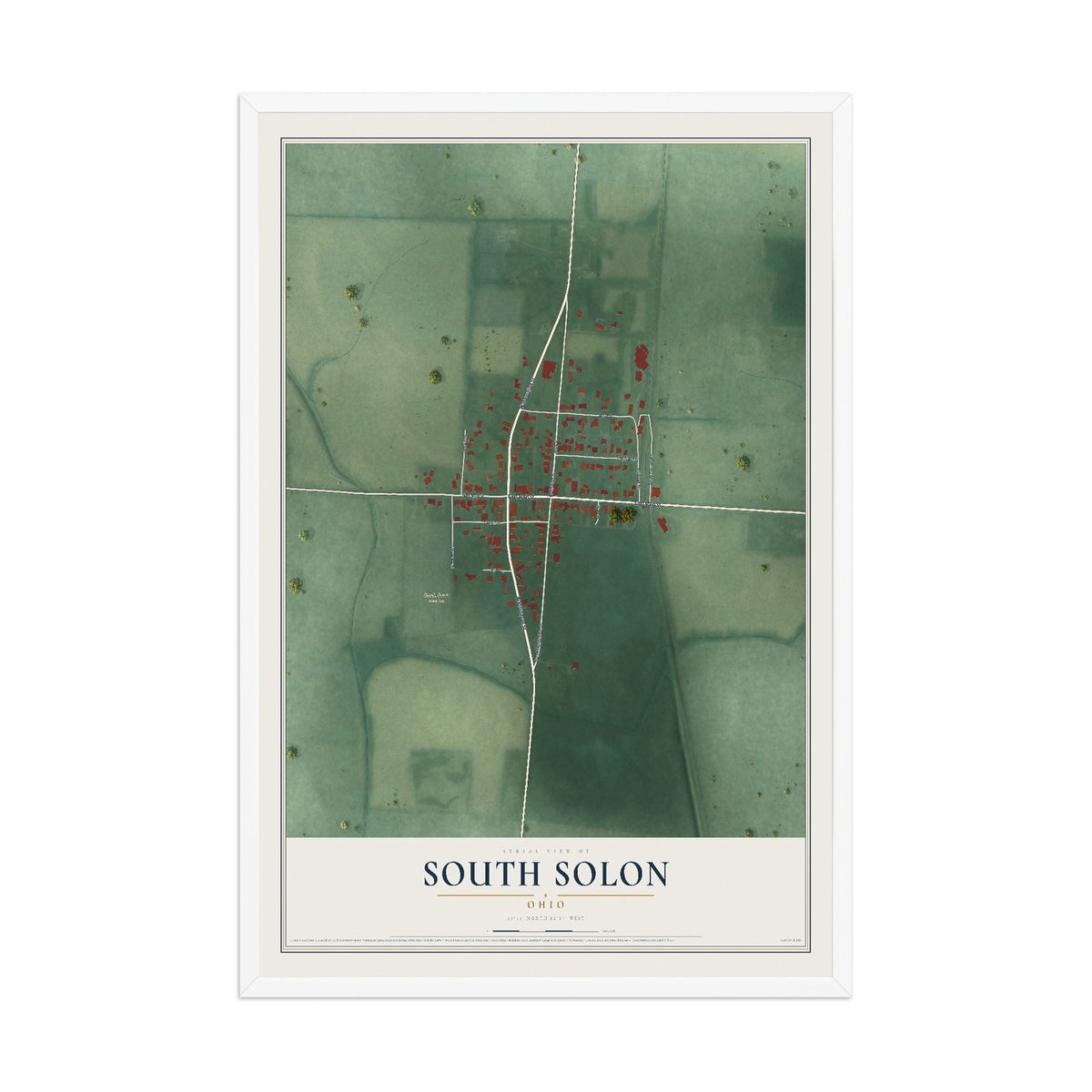 Map of South Solon, Ohio, 12 x 18 inch print in a white wood frame