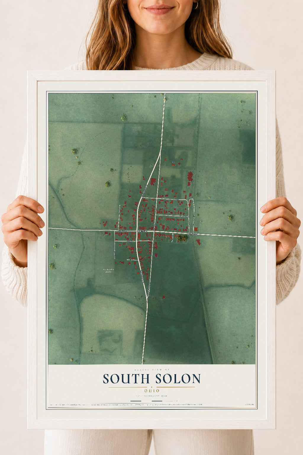 Map of South Solon, Ohio, 18 x 24 inch print in a white wood frame