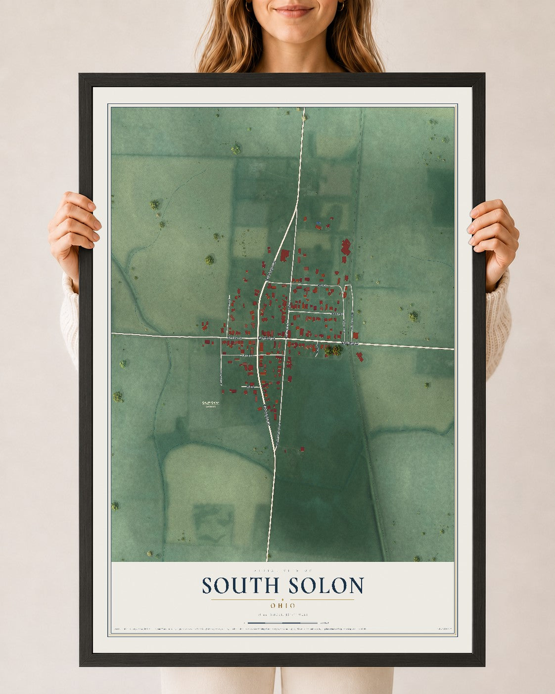 Map of South Solon, Ohio, 24 x 36 inch print in a black wood frame