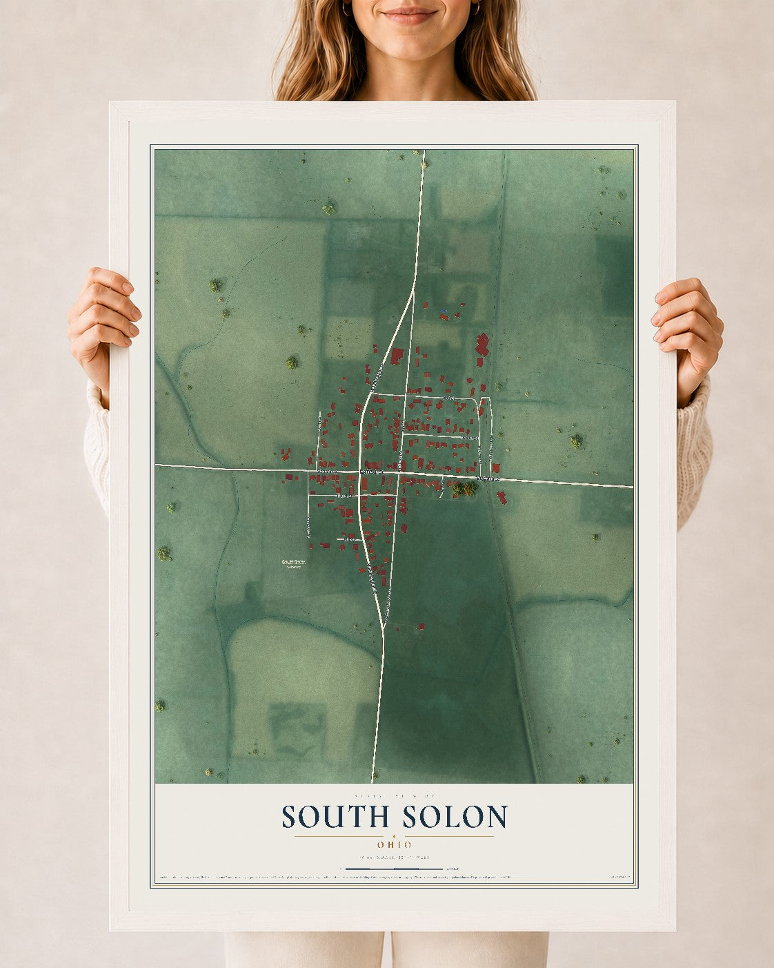 Map of South Solon, Ohio, 24 x 36 inch print in a white wood frame
