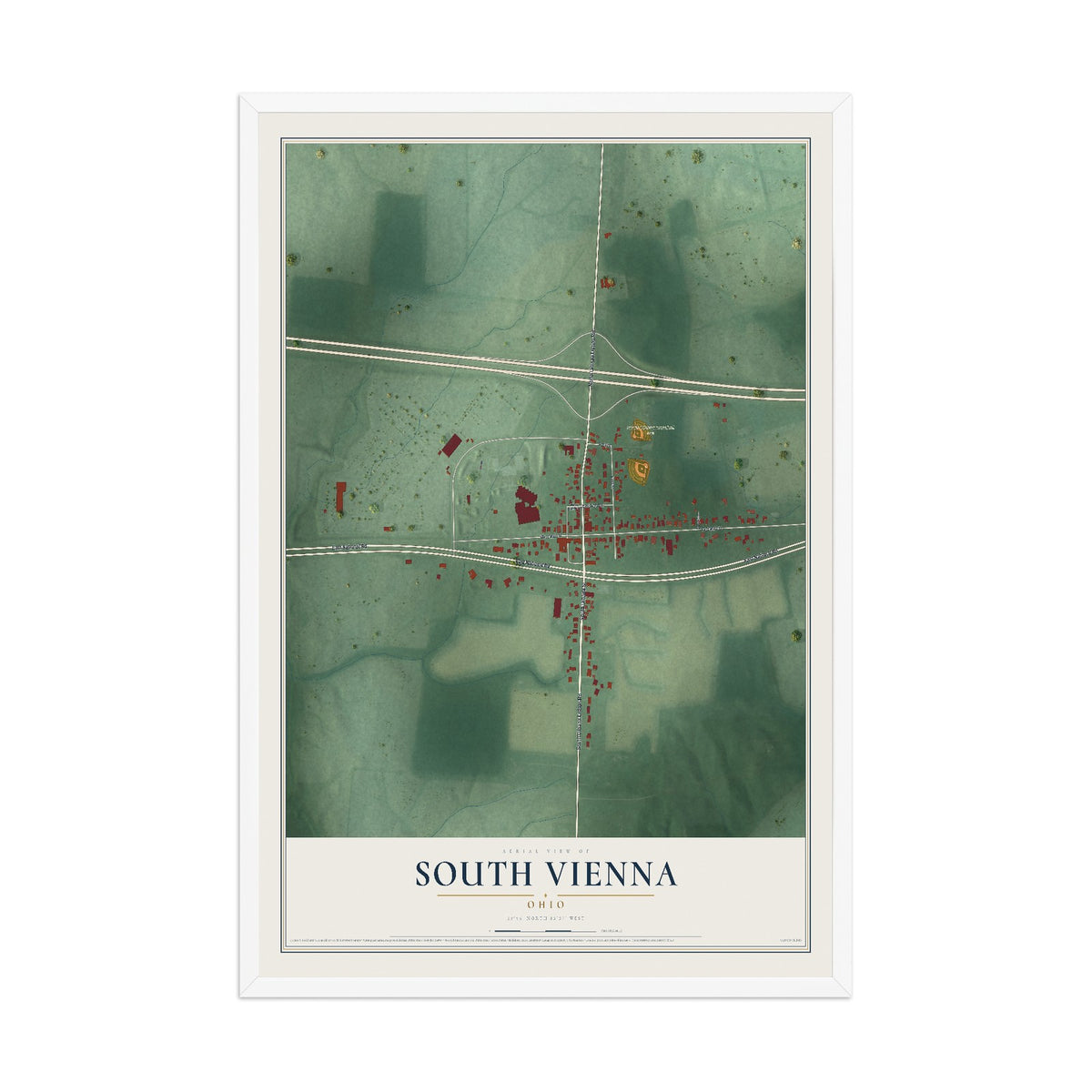 Map of South Vienna, Ohio, 12 x 18 inch print in a white wood frame
