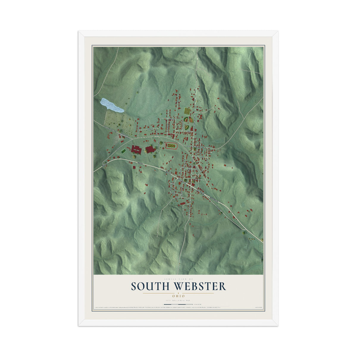 Map of South Webster, Ohio, 12 x 18 inch print in a white wood frame