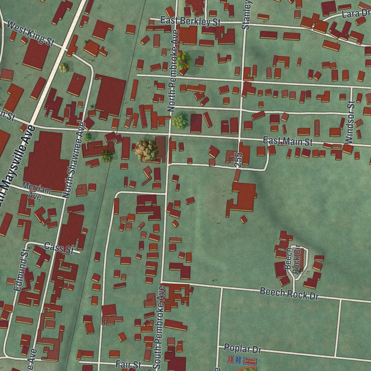 Close-up of the map of South Zanesville, Ohio print showing street and building detail
