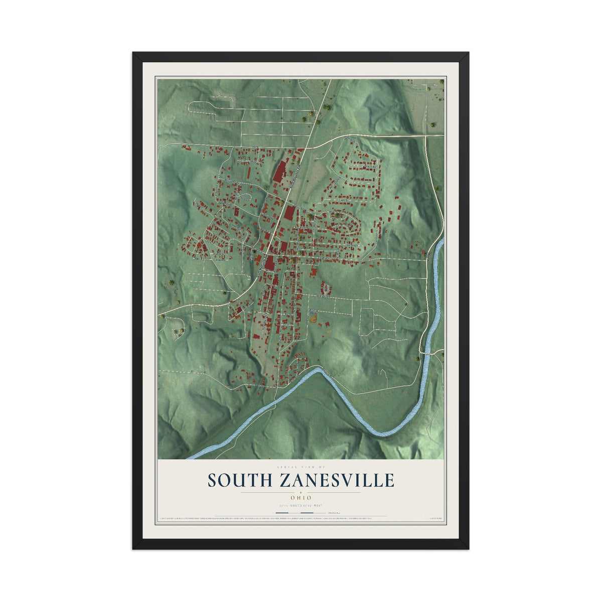 Map of South Zanesville, Ohio, 12 x 18 inch print in a black wood frame