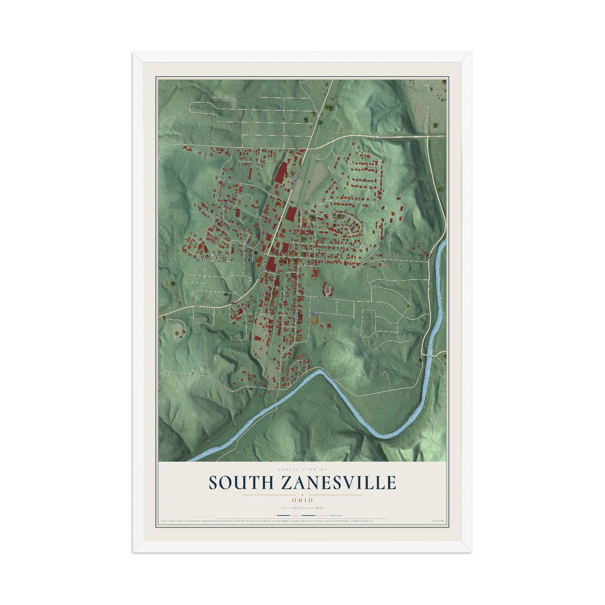 Map of South Zanesville, Ohio, 12 x 18 inch print in a white wood frame