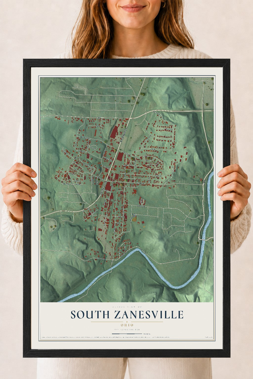Map of South Zanesville, Ohio, 18 x 24 inch print in a black wood frame