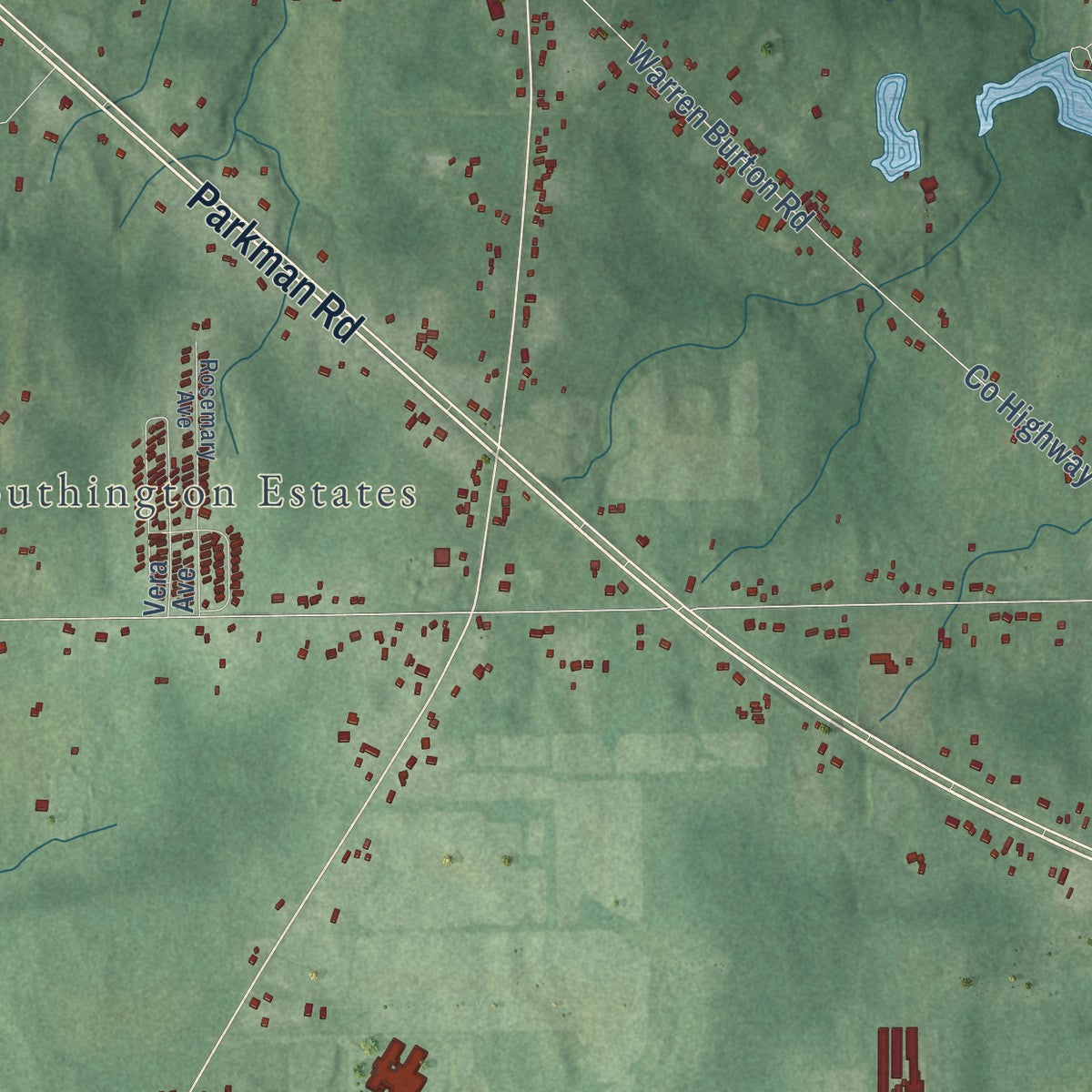 Close-up of the map of Southington, Ohio print showing street and building detail