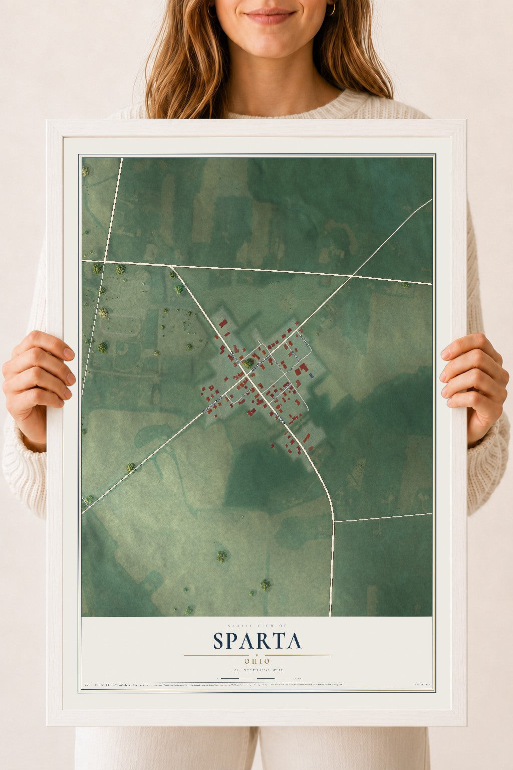 Map of Sparta, Ohio, 18 x 24 inch print in a white wood frame
