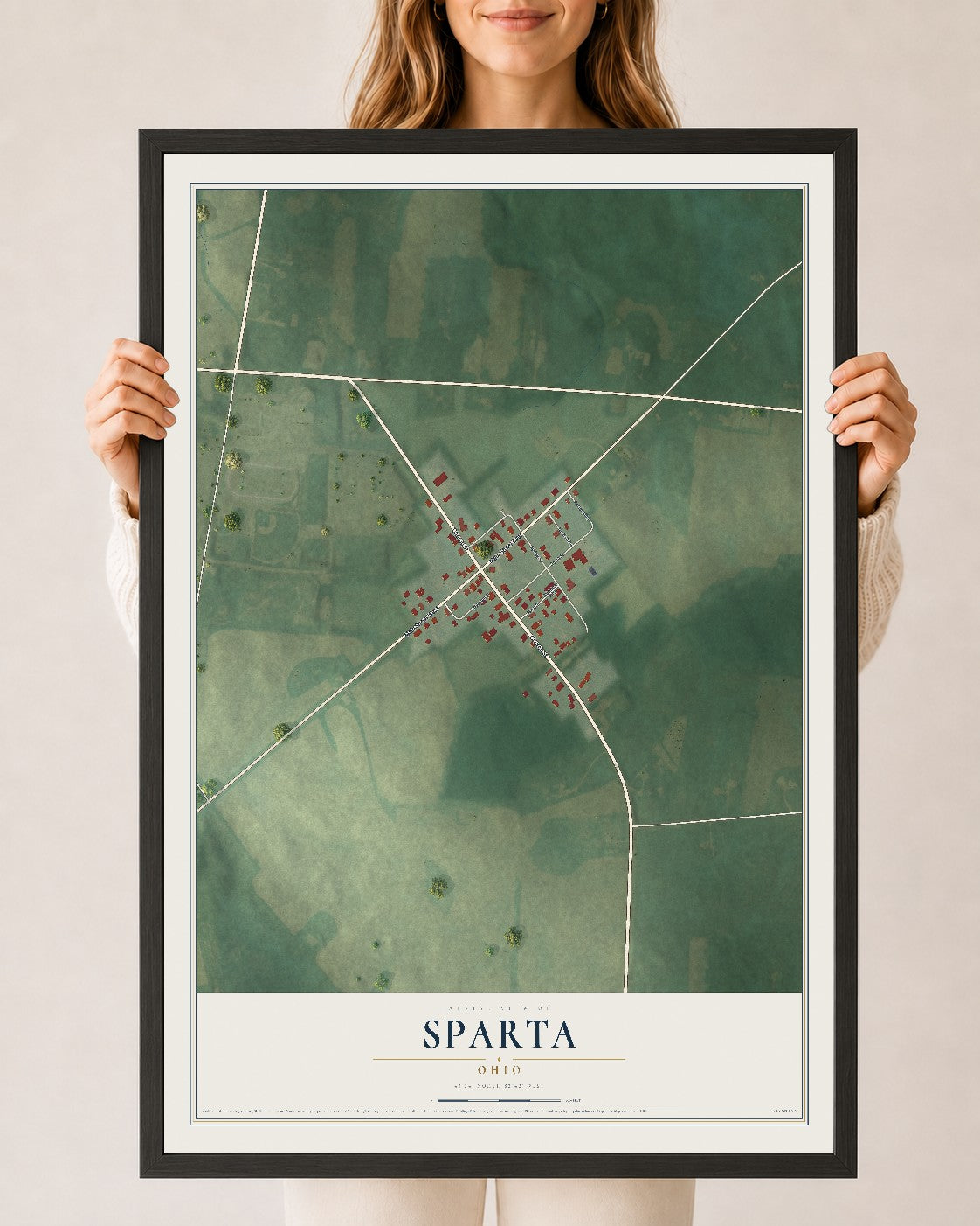Map of Sparta, Ohio, 24 x 36 inch print in a black wood frame