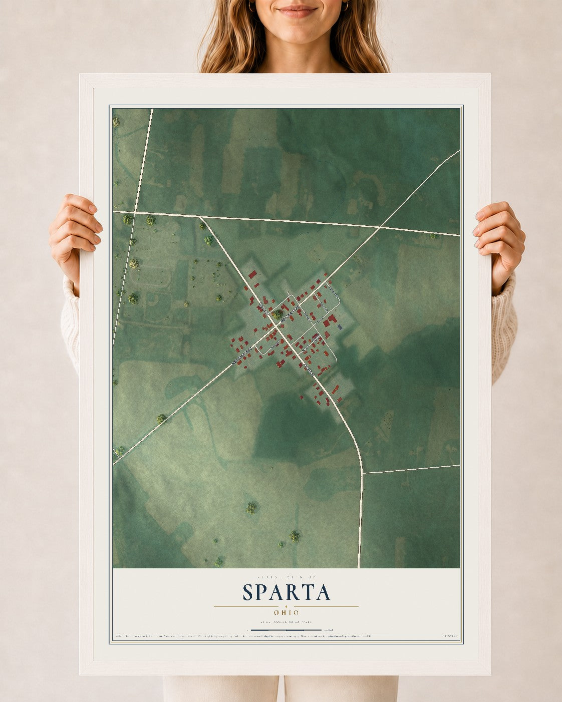 Map of Sparta, Ohio, 24 x 36 inch print in a white wood frame