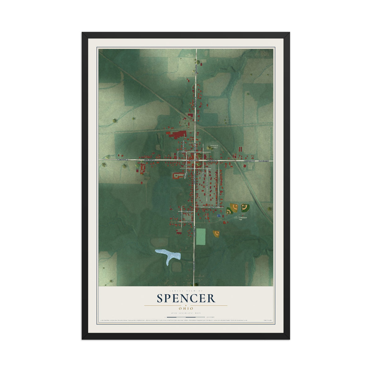 Map of Spencer, Ohio, 12 x 18 inch print in a black wood frame