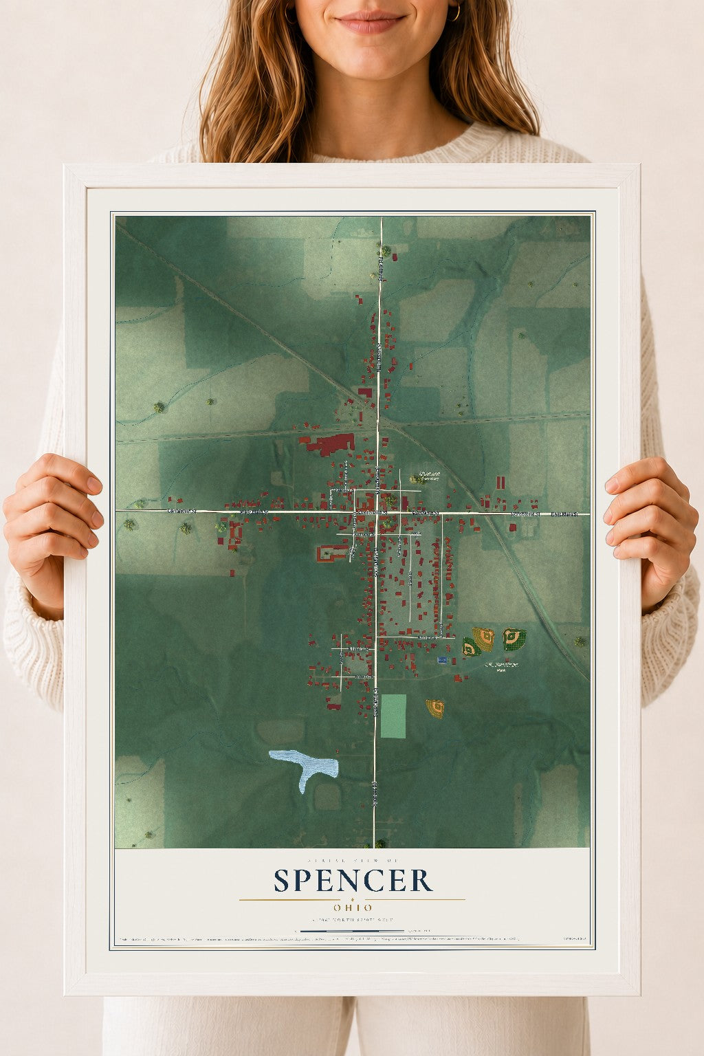Map of Spencer, Ohio, 18 x 24 inch print in a white wood frame